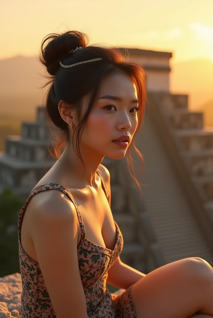 a beautiful Asian woman, small and plump, well proportioned, round face, detailed face, short neck, beautiful eyes, long eyelashes, detailed lips, elegant hairstyle, sitting on top of Mayan temple, detailed temple, golden hour lighting, cinematic composition, warm color tones, photorealistic, masterpiece, 8k, ultra-detailed, professional photography