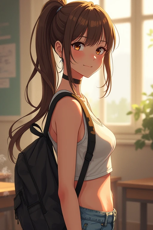 ((best quality)), ((masterpiece)), (detailed), {{}},{{{{192cm}}}},{{{{{tall girl}}}}},{{{{{very long legs}}}}}, anime girl, cute girl,
official style,close mouth,game cg, bare arms, long hair,brown eyes,brown hair,ponytail,medium breasts, navel,backpack,red randoseru,classroom,denim shorts,upper body,finger to mouth,best quality, amazing quality, very aesthetic, absurdres,dynamic pose,wind,Dutch angle,light on face,watercolor,{{{real CG photography texture}}},oily skin,real body,realistic skin texture,detailed background,depth of field,[[laughing eyes],[[Dutch angle]],looking at viewer,jitome,[[upper body]],winter,lens flare,steam,bokeh, best quality, amazing quality, very aesthetic, absurdres, best quality, amazing quality, very aesthetic, absurdres, best quality, amazing quality, very aesthetic, absurdres