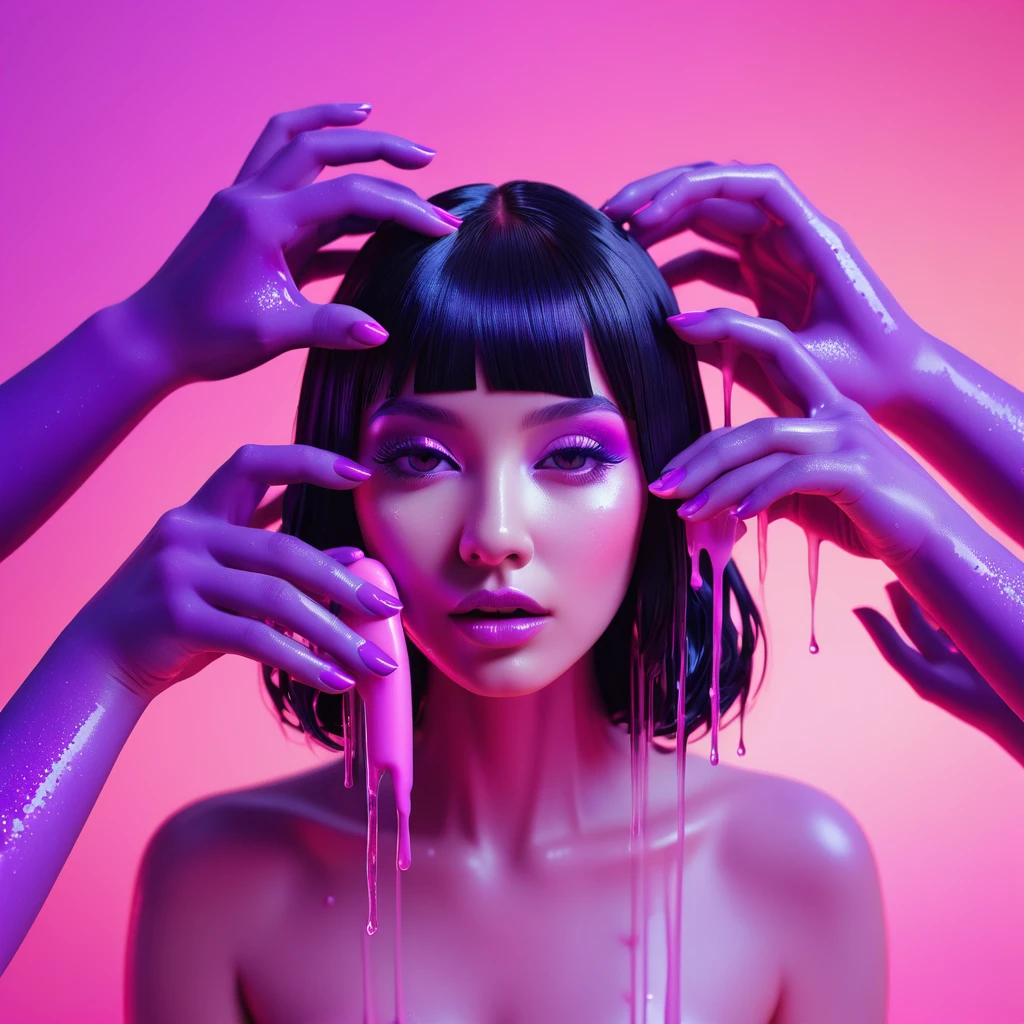 several women, group of blackhair female hands holds dildo to their face, that is glowing with pink and purple colours, dripping wet, closeup macro photo, minimalistic, in a light purple and pink style, with soft edges and blurred details, in the toycore style, with a 3D render, on a colorful background, with a minimalist stage design, in a surreal style, with a cinema4D rendering, with a minimalist style, with low saturation, using gradient colors, with a cinema4D rendering, with a blender rendering, with super detail, at a super high resolution, at a super high definition
