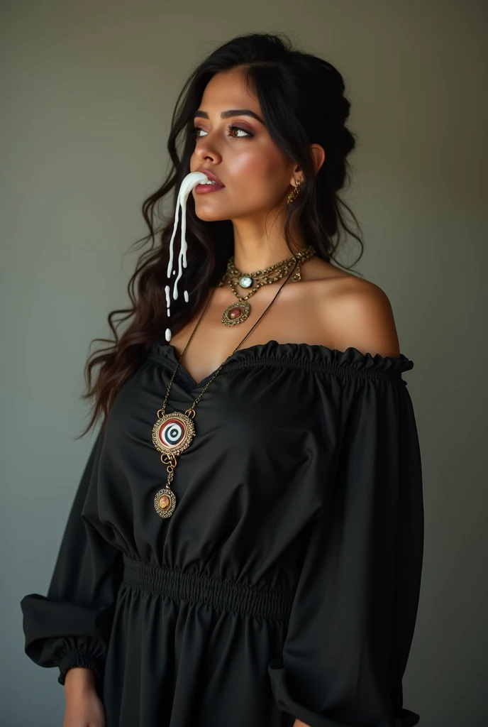 A photo of a Pakistani Muslim 20-year-old woman with a voluptuous figure, doe eyes, and long hair in a loose updo. She is standing and wearing a black-colored, off-shoulder linen dress with a deep neckline. There is an eye logo on both sides of the chest dress. The mouth is closed, drooling from the mouth, and sweating on the face. Milk has spilled on the face and is flowing from the mouth. Sweat appears on the face, and the hair is wet. She is adorned with a necklace and various boho jewelry that accentuates her bohemian style. Her expression is contemplative, reflecting a moment of deep thought.