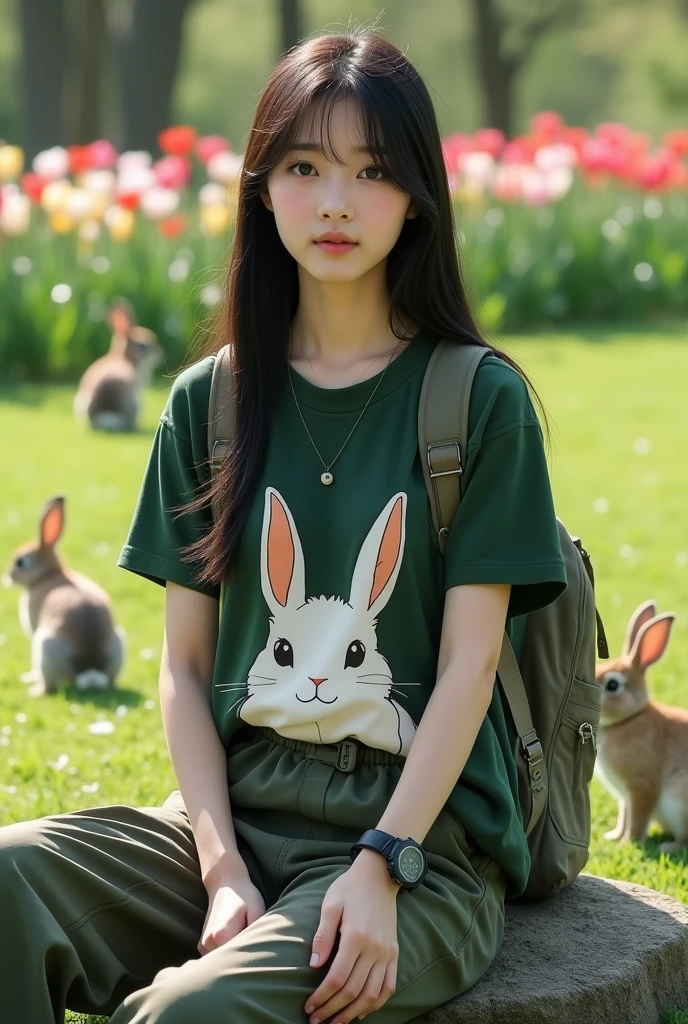 Beautiful Korean girl, white skin, well-groomed face, long straight black hair, wearing a long-sleeved dark green highlighter t-shirt, rabbit pattern, cargo pants, backpack, wearing a cool watch, sitting on a rock, holding an iPhone 14 Promex, there Rabbits roam around, in the background Behind the wide green grass, tulips and roses bloom, it looks authentic, real and realistic in the photo
