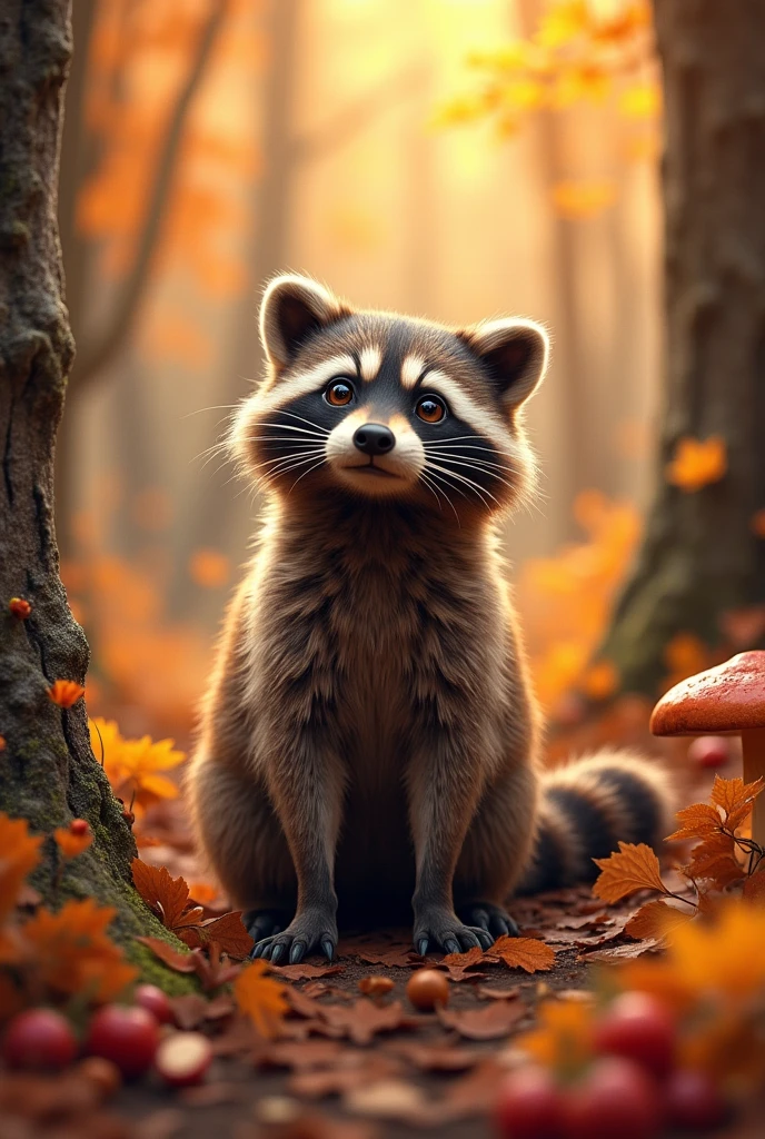 A raccoon with big eyes is looking up、2. Fat、Coat Shine、Delicious mushrooms and nuts、Mountain grapes、Wild strawberry、Small Flower、maple、Maple、ginkgo、Autumn forest scenery