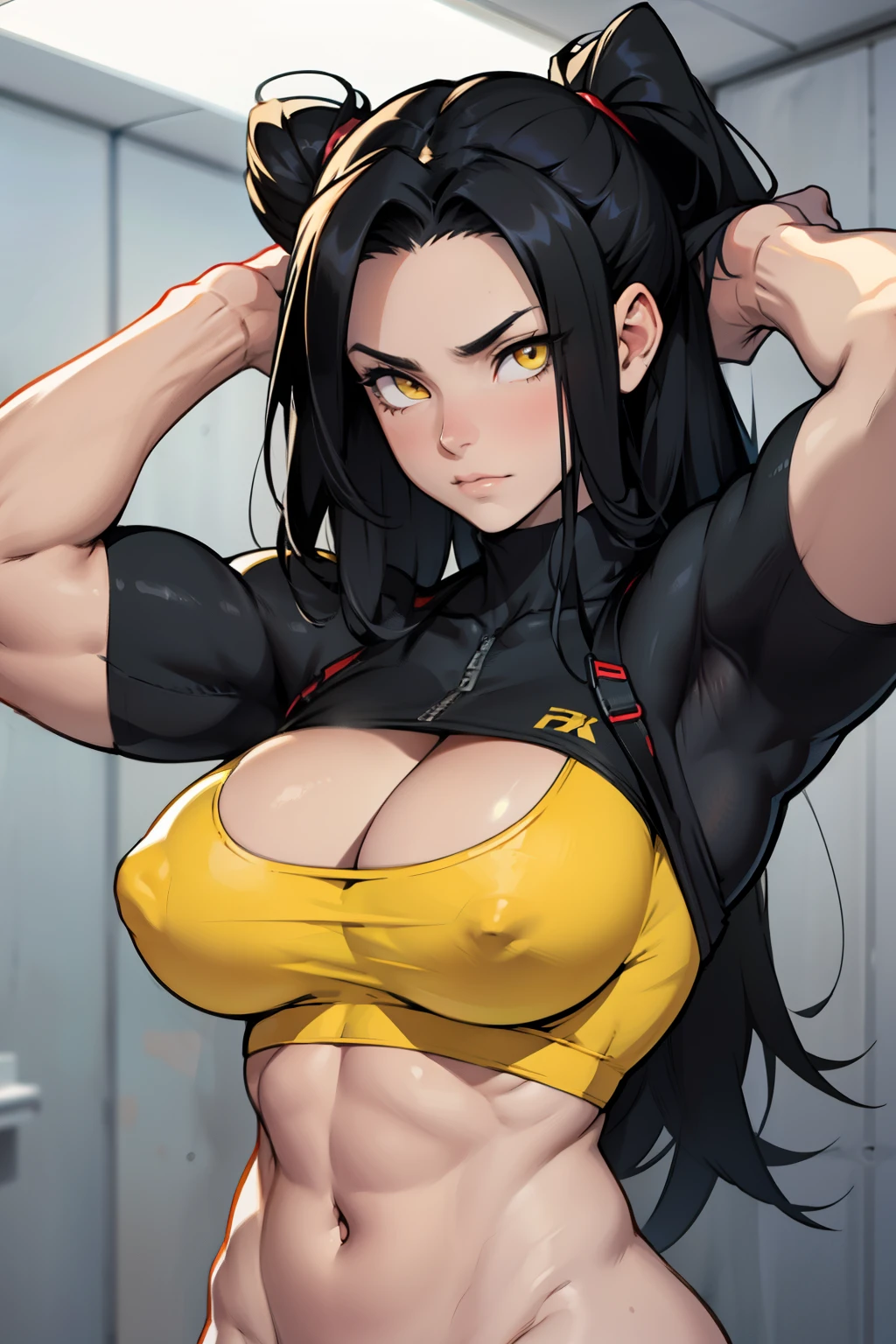 embarrassed perfect body girl massive breasts black hair yellow eyes pale skin huge muscles muscular girl toned body 