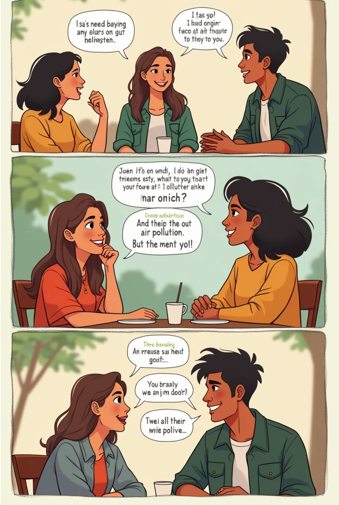 Draw a 4 box comic, a conversation between 4 friends talking about air pollution 