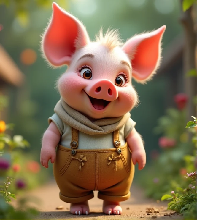 Imagine a lifelike piglet with humorous exaggerated features, oversized, wearing cute clothes, bright eyes and curiosity, smiling, positive image, smiling piglet, Disney style, capturing natural textures, and although its little PAWS are slightly larger, they are cuter. The background is a simple garden with an emphasis on natural colors and some greenery to create vibrant colors