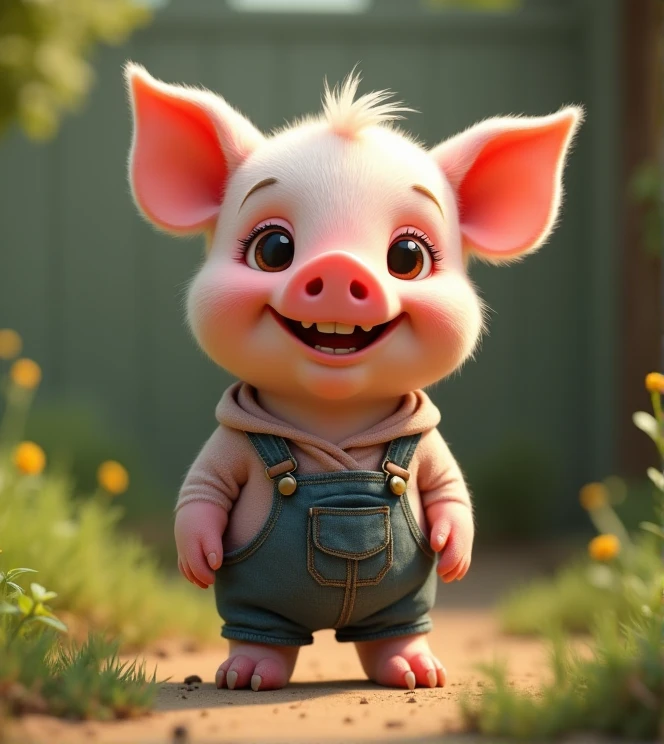 Imagine a lifelike piglet with humorous exaggerated features, oversized, wearing cute clothes, bright eyes and curiosity, smiling, positive image, smiling piglet, Disney style, capturing natural textures, and although its little PAWS are slightly larger, they are cuter. The background is a simple garden with an emphasis on natural colors and some greenery to create vibrant colors