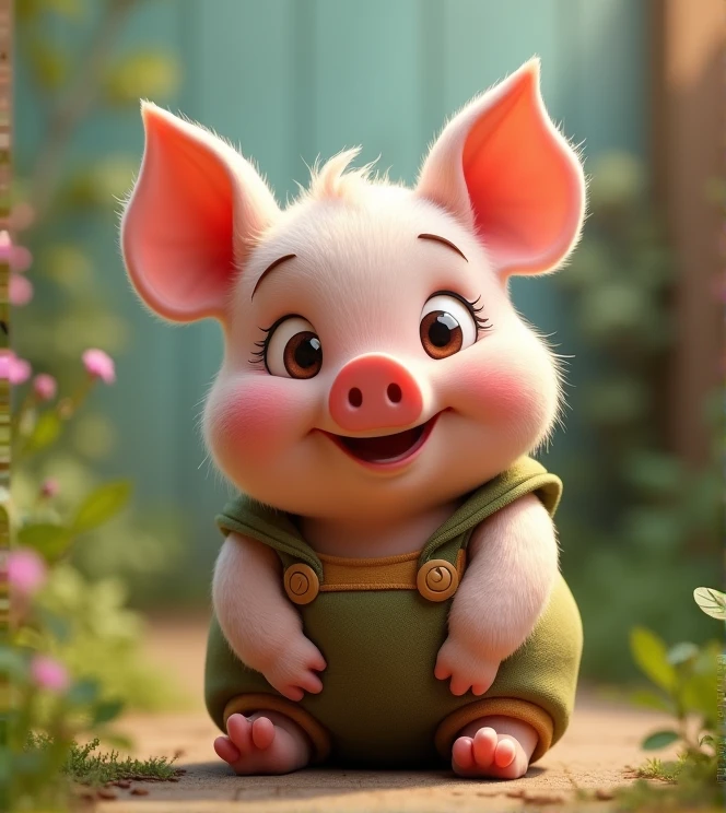 Imagine a lifelike piglet with humorous exaggerated features, oversized, wearing cute clothes, bright eyes and curiosity, smiling, positive image, smiling piglet, Disney style, capturing natural textures, and although its little PAWS are slightly larger, they are cuter. The background is a simple garden with an emphasis on natural colors and some greenery to create vibrant colors