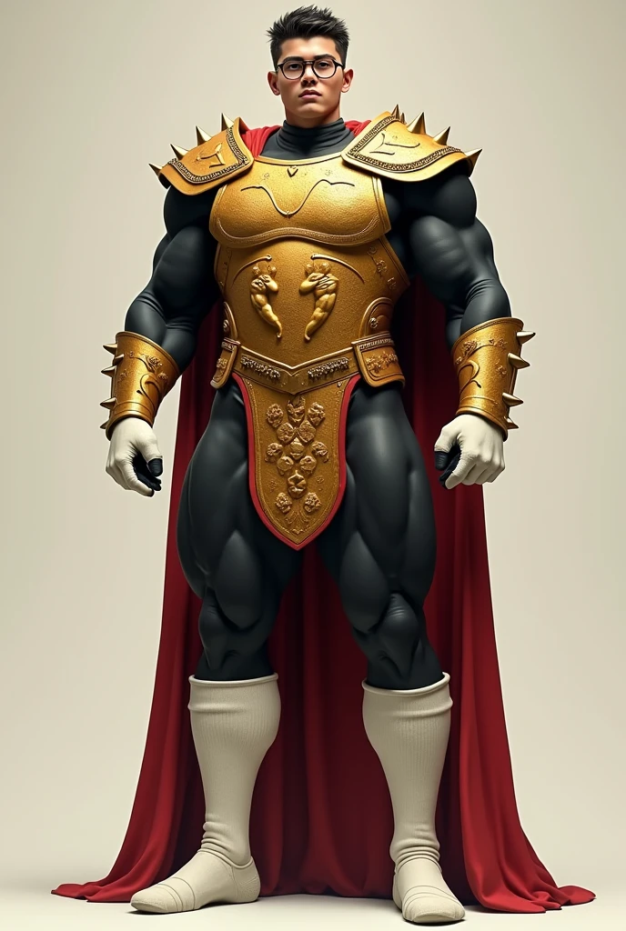 This boy has injected himself with a serum that has given him a huge growth of muscles that has turned him into a gigantic muscle monster. His legs stand out because the amount of muscle and enormous size make the boy look disproportionate since the muscles of his torso are much smaller compared to them.. He is wearing an ancient warrior style suit., First a super tight black lycra base layer that covers the entire body, Then a golden breastplate finally decorated with scenes in relief of muscular men, She also wears a golden belt that is around her small waist. Lleva tambien unas hombreras de oro y una capa color carmin, sus enormes brazos estan cubiertos por la lycra negra y unos guantes blancos con puas en los nudillos, en las piernas lleva unas medias de futbol color blanco extra largas que le llegan hasta los muslos. Sus rostro es hermoso, no lleva barba y tiene el pelo bien corto ademas de llevar unas gafas redondas