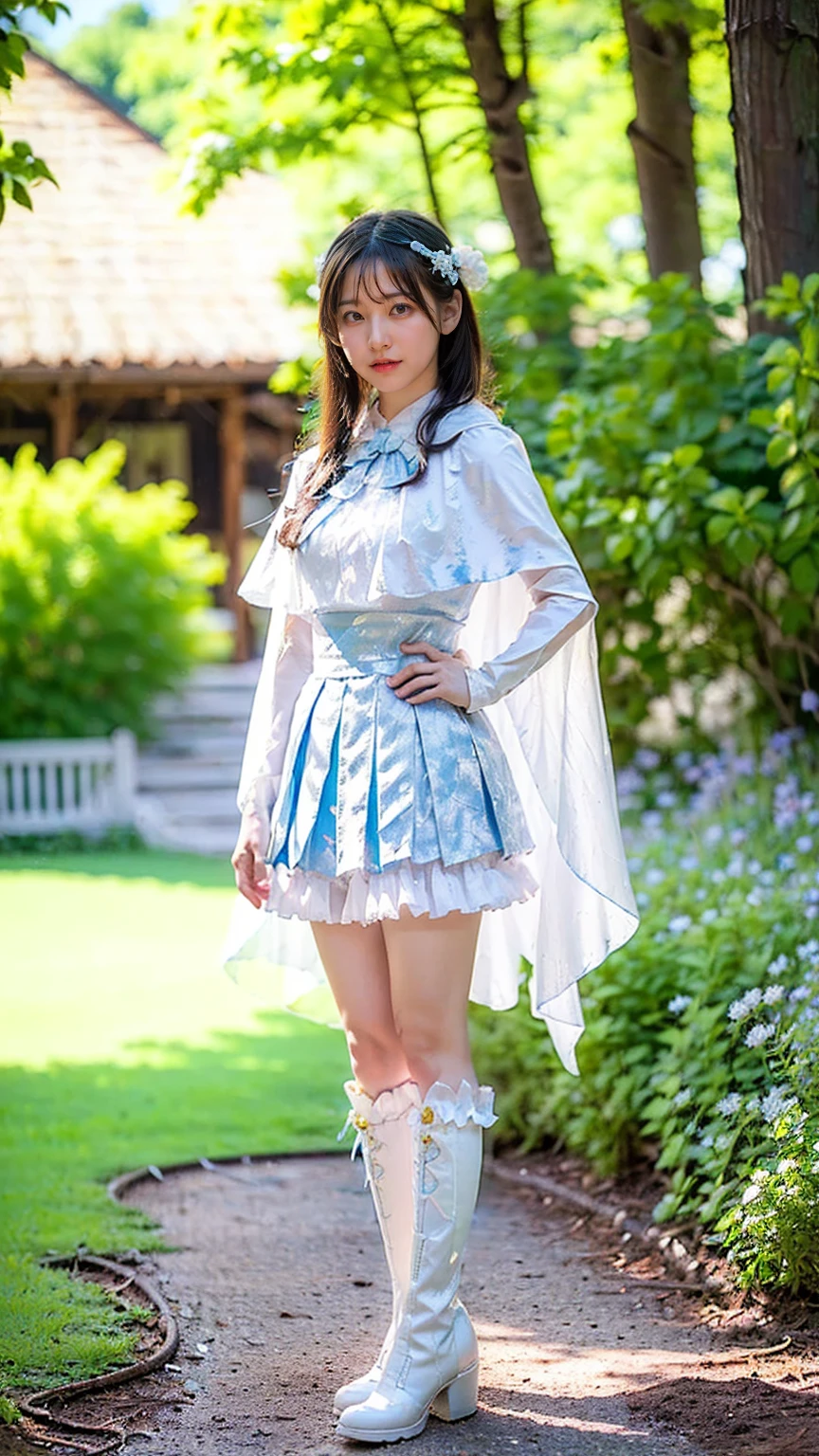 (8k、RAW Photos、Highest quality、masterpiece:1.2)、(Realistic、Realistic)、1 person、((White and light blue、garden、Frills、Cape、mini skirt、Thin legs、whole body、boots、View from the front、Looking into the camera、Stand with hands on hips))、cute