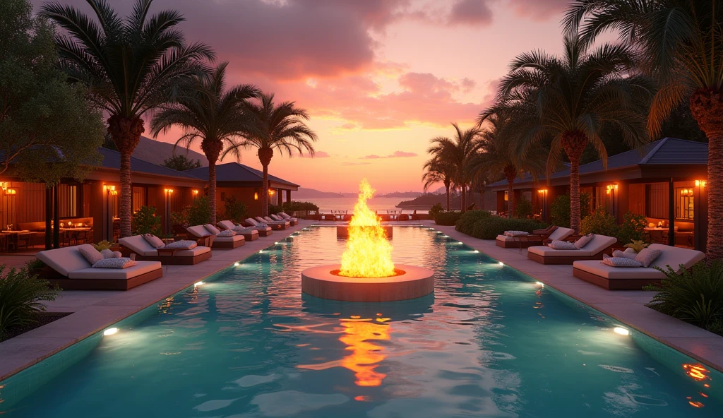 ((fire in the middle)), poolside lounge, sunset