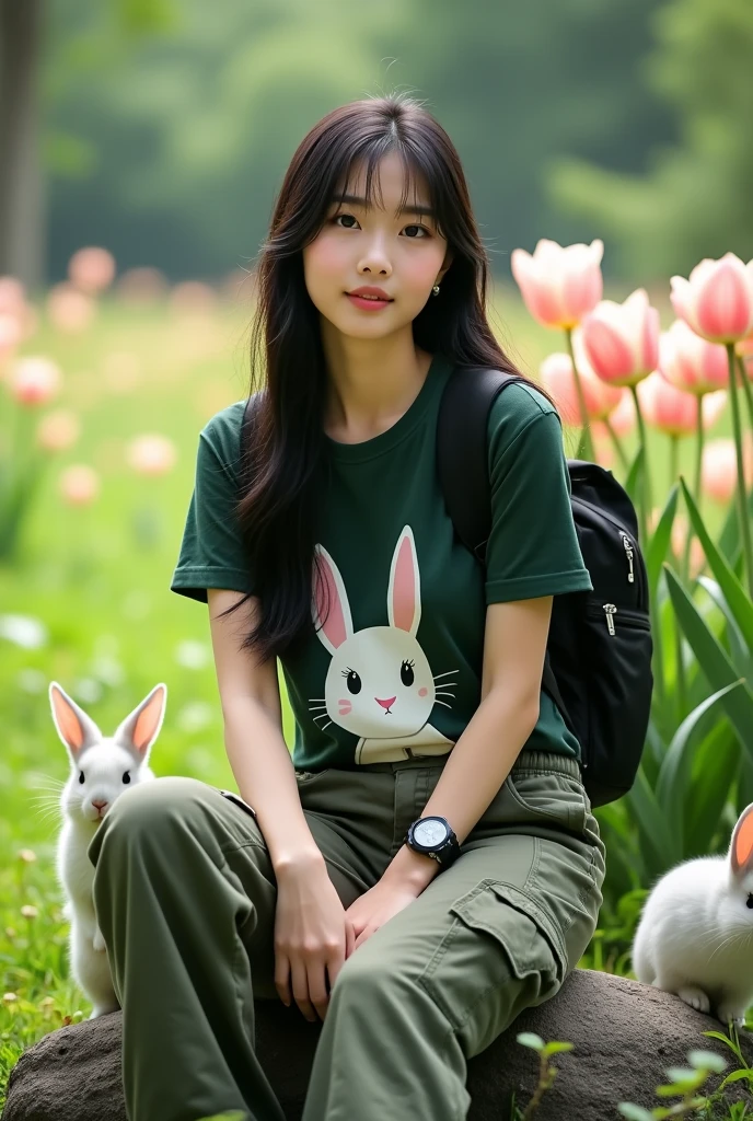 Beautiful Korean girl, white skin, well-groomed face, long straight black hair, wearing a long-sleeved dark green highlighter t-shirt, rabbit pattern, cargo pants, backpack, wearing a cool watch, sitting on a rock, holding an iPhone 14 Promex, there Rabbits roam around, in the background Behind the wide green grass, tulips and roses bloom, it looks authentic, real and realistic in the photo