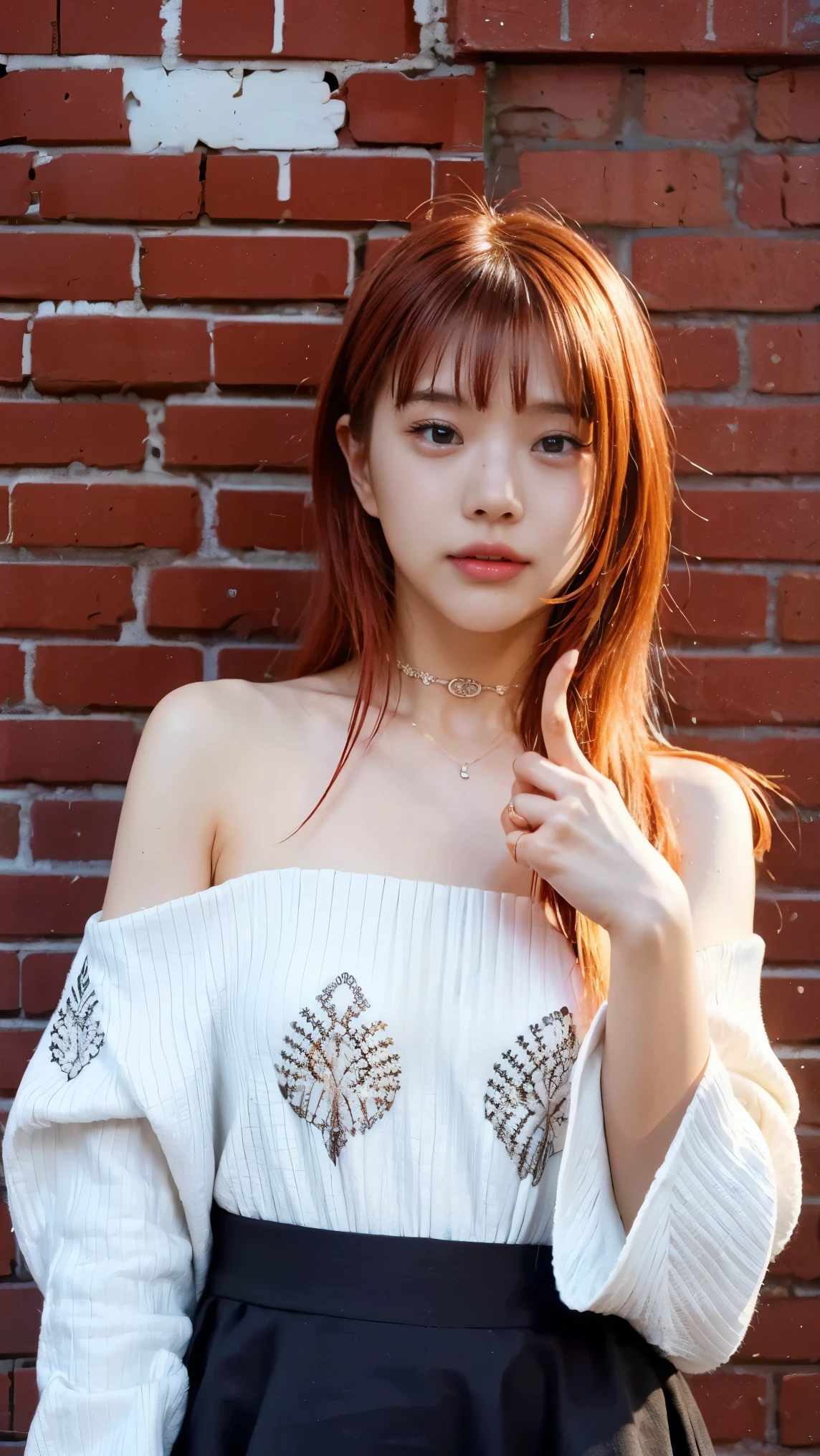 Ultra-realistic 8K CG, masterpiece, ((Highly detailed background, Delicate pattern, Intricate details)), Highest quality, Intricate detailss, chromatic aberration, One person, Long Hair, Blonde, Messy Hair, Red highlights, Hair on one eye, Sharp eyes, choker, Brick wall, graffiti, Dim lighting, alley, Oversized shirt,Off the shoulder, Sheer white shirt, masterpiece, Highest quality