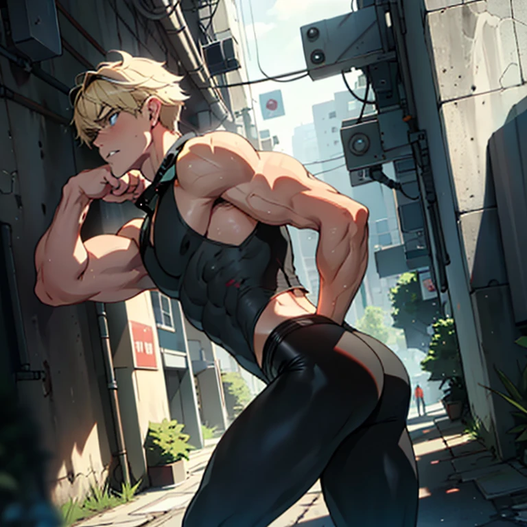 Highest quality,masterpiece Surprised expression,Raised to be sexy, Blonde Blue eyes Ripped black tights Electricity is running get wet large delicate eyes The black sleeveless collared shirt was torn 上半身naked sweating youth torture Skin is visible in places shout Putting pressure on the hips naked Hair growing upwards suffer Detailed depiction A regretful look I can see your muscular ass Rear view I can see the back of the person behind me. With legs apart Long bangs