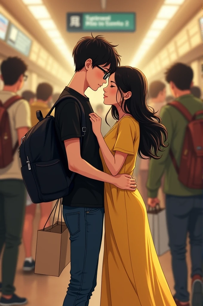 A bespectacled boy wearing a black t-shirt and black jeans is carrying a bag on his back. He holds a shopping bag in his left hand and has his right hand around a woman's waist. The woman is wearing a long yellow dress and has loose medium-length black hair. She holds his waist with her left hand and places her right hand on his heart while they are in a crowded running metro."