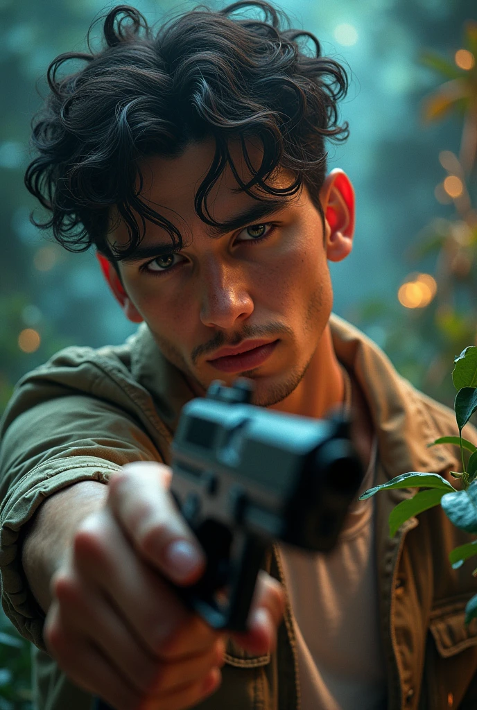 Renato Garcia, the brazilian youtuber, is portrayed with details faithful to the real person ,while he holds a pistol. The image is captured in high resolution, showcasing the mesmerizing beauty and intricate features of the scenery . he is 2, with a scared face