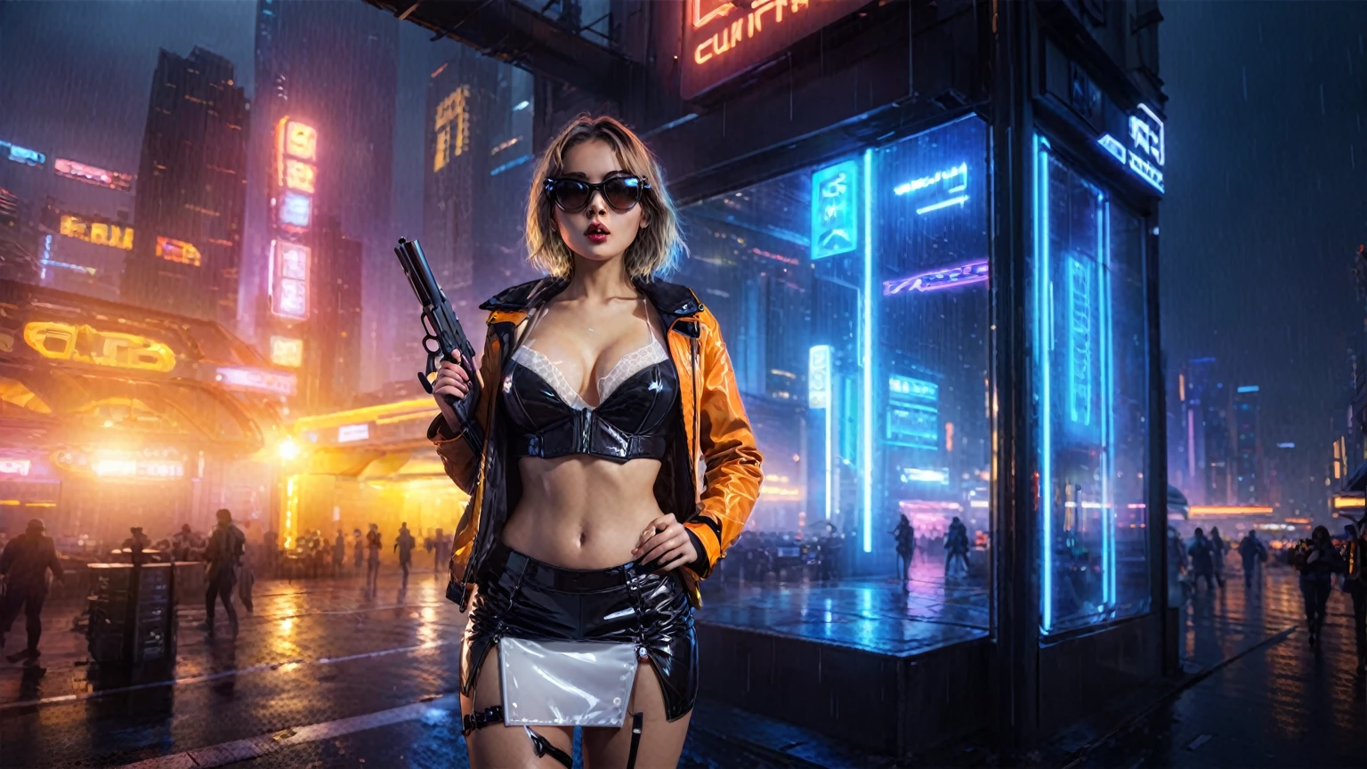Blade Runner style futuristic city, flying cars, neon lights, rainy night. (1girl, solo, alone), large-breast:1.2 slim body, slim face, cleavage:1.1, sexy laced lingerie, very low angle view miniskirt, jacket, (black micro sunglasses), (holding a short gun), running pose, half-body thigh level medium shot, cinematic lighting, ray tracing.
