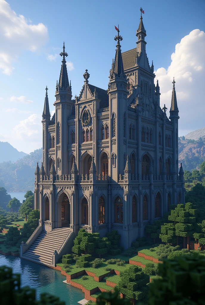 a medium sized minecraft villa, with views from the front and the side in gothic style which can also be recreated in the game minecraft without rounding only with edges/pickle
