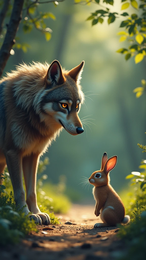 Voici une version corrigée et améliorée de l'histoire :

- Un jour, le loup, venant de finir sa proie, croise le lapin, qui, effrayé, tente de fuir.
- Le loup l'arrête et lui dit qu'il a une question à lui poser ; s'il répond correctement, il sera épargné.
- Le lapin accepte et le loup lui demande de lui dire trois vérités.
- Le lapin répond : "Premièrement, si j'avais su que nous nous rencontrerions, je n'aurais pas pris ce chemin. Deuxièmement, je sais que vous êtes rassasié, sinon nous ne parlerions pas ainsi. Troisièmement, si vous m'épargnez aujourd'hui, je deviendrai votre proie si nous nous rencontrons à nouveau."
- Le loup, impressionné par la sincérité et l'honnêteté du lapin, décide de le laisser partir.