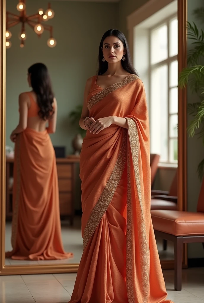 A modern woman in a luxurious salon, draped in a stunning saree with intricate traditional and modern designs, stands before a large mirror, the serene atmosphere reflecting her sophistication. 
