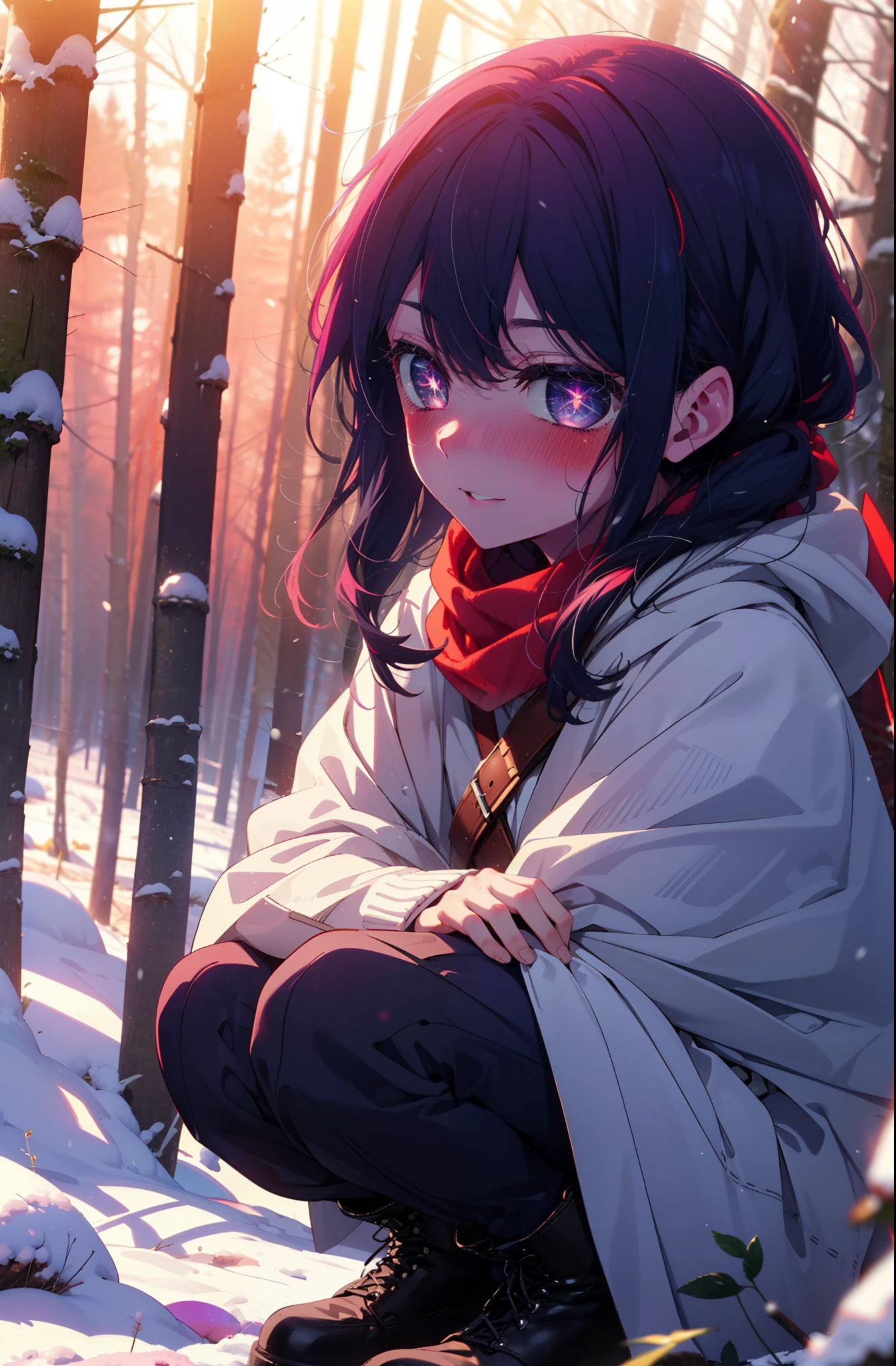 aihoshino, Ai Hoshino, Long Hair, bangs, (Purple eyes:1.1), Purple Hair, (Symbol-shaped pupil:1.5), smile,,smile,blush,white breath,
Open your mouth,snow,Ground bonfire, Outdoor, boots, snowing, From the side, wood, suitcase, Cape, Blurred, , forest, White handbag, nature, Squat, Mouth closed, Cape, winter, Written boundary depth, Black shoes, red Cape break looking at viewer, Upper Body, whole body, break Outdoor, forest, nature, break (masterpiece:1.2), Highest quality, High resolution, unity 8k wallpaper, (shape:0.8), (Beautiful and beautiful eyes:1.6), Highly detailed face, Perfect lighting, Highly detailed CG, (Perfect hands, Perfect Anatomy),
