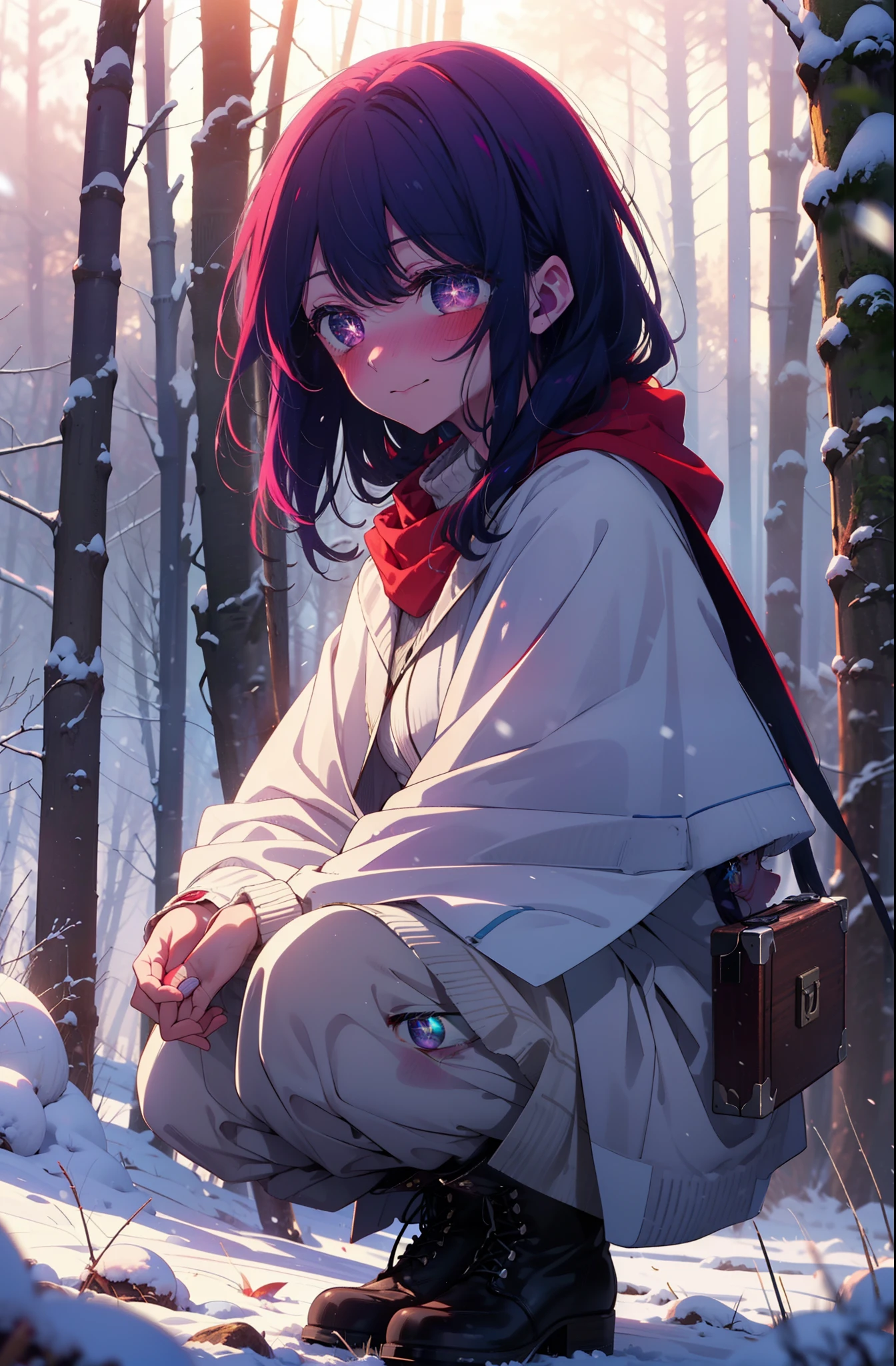 aihoshino, Ai Hoshino, Long Hair, bangs, (Purple eyes:1.1), Purple Hair, (Symbol-shaped pupil:1.5), smile,,smile,blush,white breath,
Open your mouth,snow,Ground bonfire, Outdoor, boots, snowing, From the side, wood, suitcase, Cape, Blurred, , forest, White handbag, nature, Squat, Mouth closed, Cape, winter, Written boundary depth, Black shoes, red Cape break looking at viewer, Upper Body, whole body, break Outdoor, forest, nature, break (masterpiece:1.2), Highest quality, High resolution, unity 8k wallpaper, (shape:0.8), (Beautiful and beautiful eyes:1.6), Highly detailed face, Perfect lighting, Highly detailed CG, (Perfect hands, Perfect Anatomy),