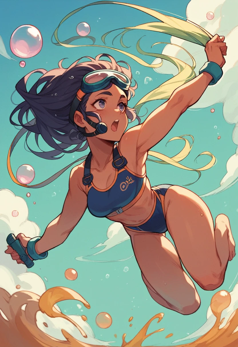 Arabian girl with a diving mask, diving goggles and swimsuits, dives into the depths And she releases bubbles of fart from her ass.