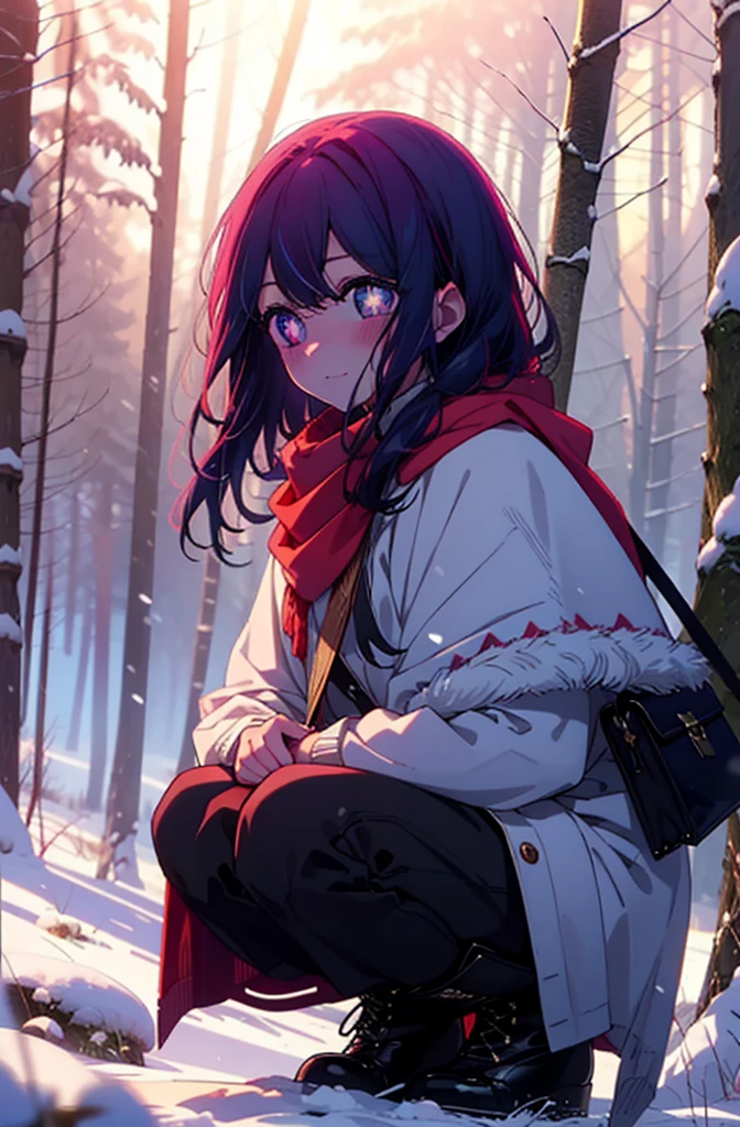 aihoshino, Ai Hoshino, Long Hair, bangs, (Purple eyes:1.1), Purple Hair, (Symbol-shaped pupil:1.5), smile,,smile,blush,white breath,
Open your mouth,snow,Ground bonfire, Outdoor, boots, snowing, From the side, wood, suitcase, Cape, Blurred, , forest, White handbag, nature,  Squat, Mouth closed, Cape, winter, Written boundary depth, Black shoes, red Cape break looking at viewer, Upper Body, whole body, break Outdoor, forest, nature, break (masterpiece:1.2), Highest quality, High resolution, unity 8k wallpaper, (shape:0.8), (Beautiful and beautiful eyes:1.6), Highly detailed face, Perfect lighting, Highly detailed CG, (Perfect hands, Perfect Anatomy),