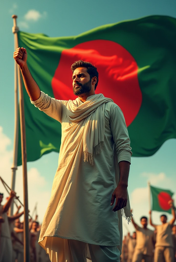 "A powerful and inspiring poster celebrating the 79th Independence Day of Bangladesh. The poster features a strong and determined bangaly man in traditional attire, standing tall against a backdrop of the zBangladeshi flag fluttering in the wind. The background is vibrant, with a mix of red and green colors representing the national flag. The man holds a raised fist, symbolizing the spirit of independence and ."