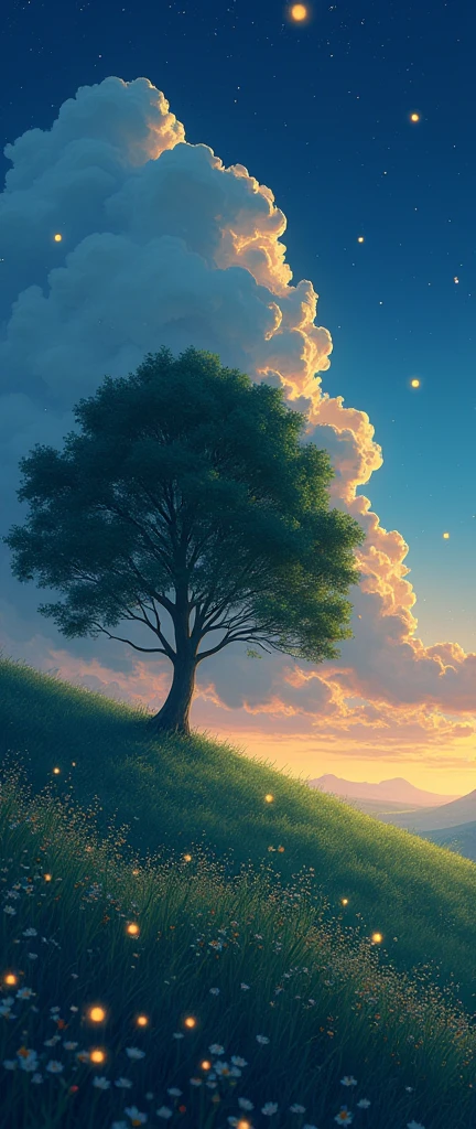 masterpiece!!!! 8k GHIBLI ANIME STYLE!!!!! The image shows a serene night scene of a Flower Field on the Hill, big tree, majestic clouds billowing blue golden lighting anime 8k l fireflies grass night golden leaves stylo anime ghibli, under tree, boil a night sky, clouds animated lighting!!!!!! and shadow, Firefly