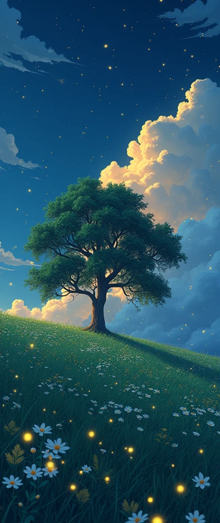 masterpiece!!!! 8k GHIBLI ANIME STYLE!!!!! The image shows a serene night scene of a Flower Field on the Hill, big tree, majestic clouds billowing blue golden lighting anime 8k l fireflies grass night golden leaves stylo anime ghibli, under tree, boil a night sky, clouds animated lighting!!!!!! and shadow, Firefly