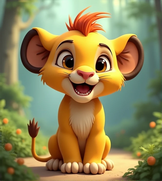 Imagine a lifelike lion baby with humorous exaggerated features, oversized, wearing cute clothes, bright eyes and curiosity, smiling, positive image, smiling piglet, Disney style, capturing natural textures, and although its little claws are slightly larger, they are cuter. The background is a simple forest with an emphasis on natural colors and some greenery to create bright colors