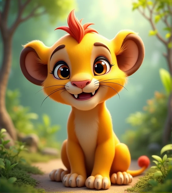 Imagine a lifelike lion baby with humorous exaggerated features, oversized, wearing cute clothes, bright eyes and curiosity, smiling, positive image, smiling piglet, Disney style, capturing natural textures, and although its little claws are slightly larger, they are cuter. The background is a simple forest with an emphasis on natural colors and some greenery to create bright colors