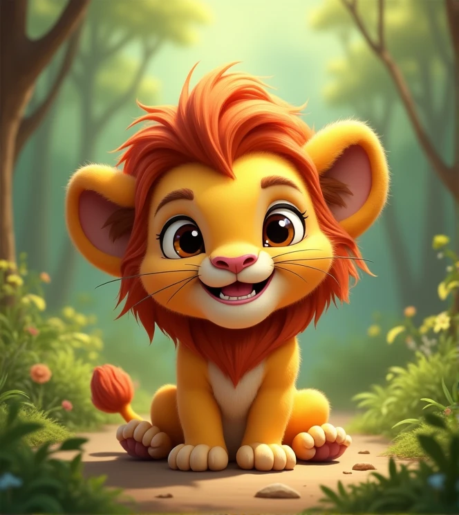 Imagine a lifelike lion baby with humorous exaggerated features, oversized, wearing cute clothes, bright eyes and curiosity, smiling, positive image, smiling piglet, Disney style, capturing natural textures, and although its little claws are slightly larger, they are cuter. The background is a simple forest with an emphasis on natural colors and some greenery to create bright colors