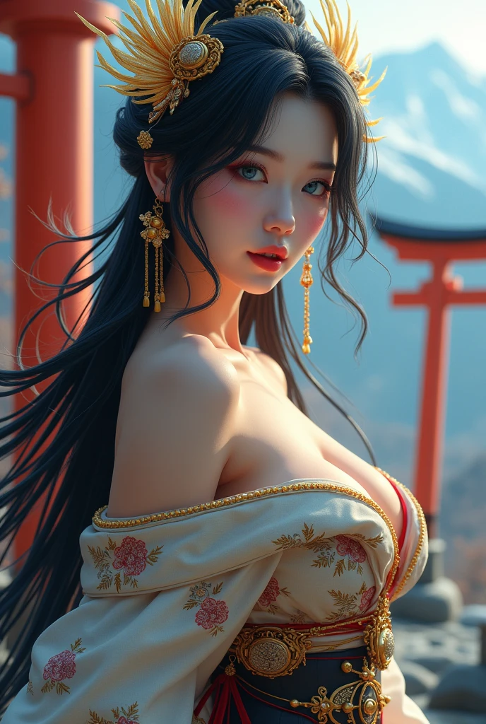Large Breasts、Shrine maiden、and、Highest quality、masterpiece、Ultra-high resolution、(((Huge tits))),With golden feathers,(Realistic:1.4)、1 person、Beautiful black hair、Glowing Skin、Exquisite and luxurious hair ornaments、goddess、beauty、(Mystical Expressions)、(Full body angle)、(Japanese Shrines)(((Mysterious mountain))),、(torii)、((Ultra-Realistic Details))、Portraiture、Global Illumination、(sexy pose)、Shadow、Octane Rendering、(One-eyed scouter)、8k、Ultra Sharp、Huge 、Bare skin exポーズd in the cleavage、Metal、Intricate decorative details、Realistic Light、CGSoation Trend、blue eyes、Shining Eyes、To the camera、straight、(Full body angle)、(Veil)、