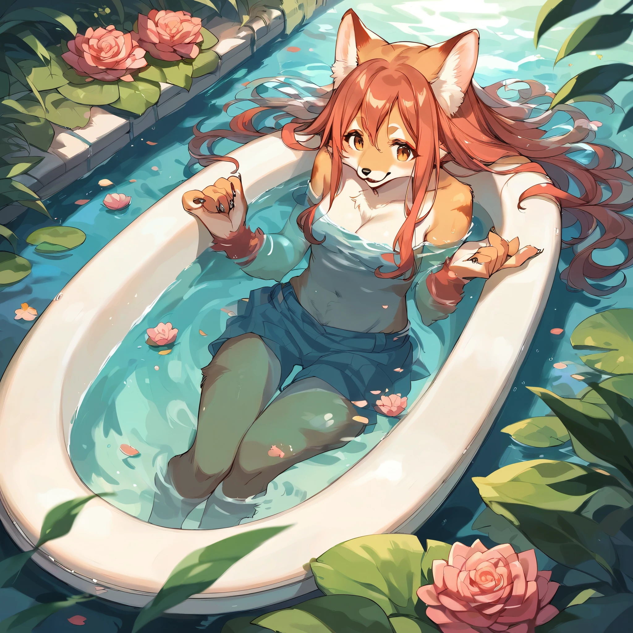 rating_safe, score_9, score_8_up, score_7_up, score_6_up, score_5_up, score_4_up, hires, source_furry, cover_page, (1girl, Solo focus, furry anthro, kemono)bathing in water, beautiful refraction of water, Dreamy, mystical, erotic, Happy, joyful(Photos of solo travelers)cinematic lighting, dynamic angle,