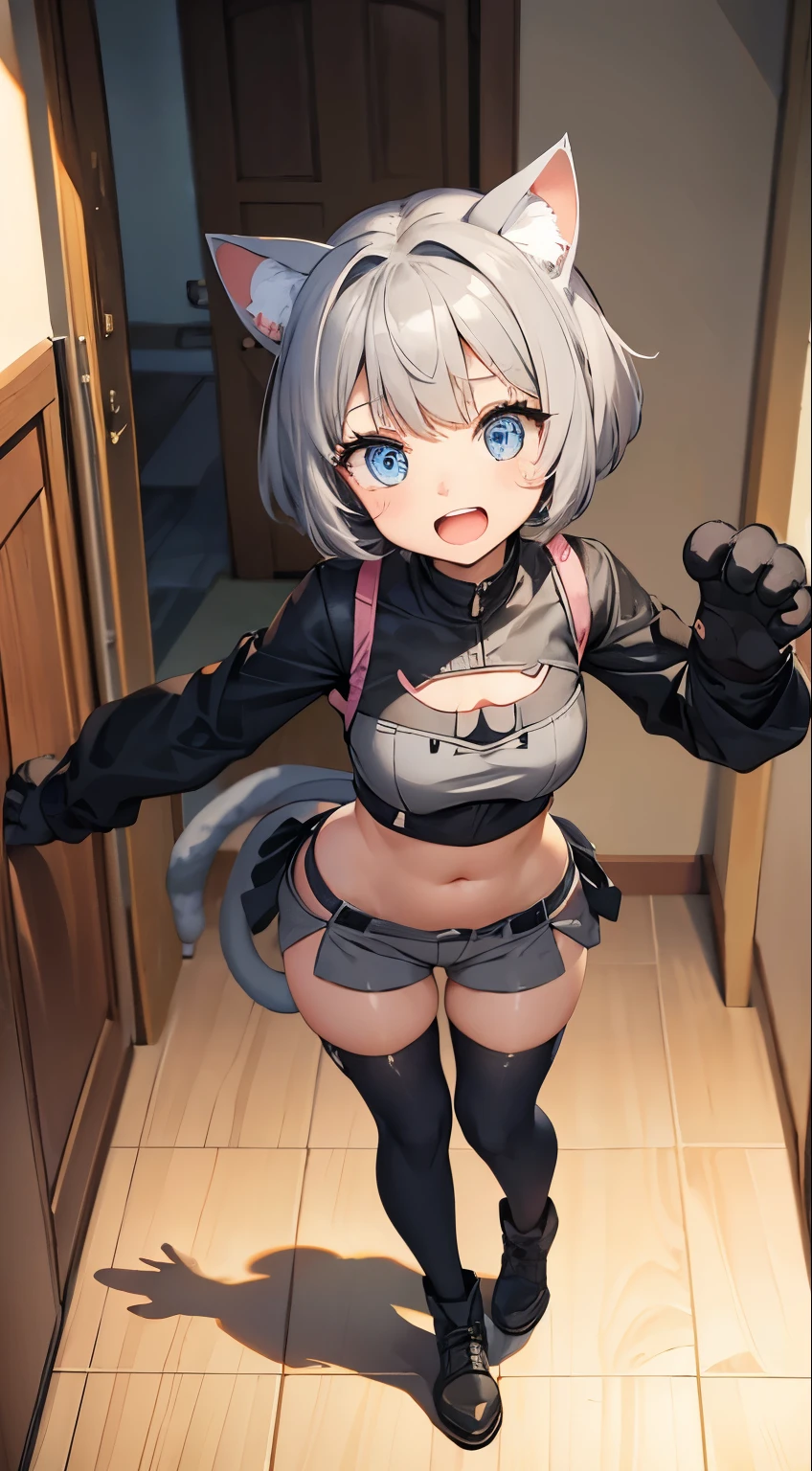 (masterpiece), (best quality), (High quality), (perfect anatomy), BREAK, expressive eyes, perfect face, 1girl, (grey cat ears: 1.5), BREAK, (medium hair, grey hair: 1.6, pixie cut), BREAK, (big eyes, perfect eyes, blue eyes, thick eyelashes), BREAK, (thin eyebrow), BREAK, (short height), slim bulid, BREAK, smile, open mouth, blush, BREAK, (medium breasts), BREAK, (tubetop: 1.4, cat cutout: 1.4), (cat paw gloves: 1.4) BREAK, (low-rise pink shorts), (white stockings), BREAK, (standing on one leg, cat pose), (full body), BREAK, (view from front: 1.5, view from above: 1.4), (living room, dim light), BREAK, ( face_focus), looking at the camera,