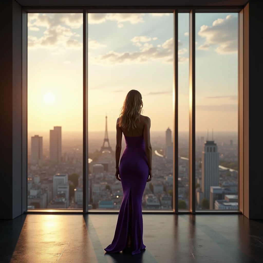 crée une image haute qualité 8k, photo réaliste, Adele Exarchopoulos, âgée d'environ 30 ans, se tient debout de face a nous, dos à une immense baie vitrée qui s'étend du sol au plafond, le sol est en béton ciré noir. Elle est vue de très haut, presque à vol d'oiseau, rendant son apparence par rapport à l'immensité de la vitre. Elle porte une robe longue élégante violette, moulante, ouverte au niveau des cuisses qui épouse les courbes de son corps athlétique et gracieux. Ses bras le long de son corp, avec un pied légèrement avancer comme si elle marchait, donnant une sensation de tension ou d'intensité dans son geste. Ses longs cheveux blond, légèrement ondulés, tombent librement autour des ses épaule, avec mèche tombant sur le visage, yeux bleu perçant, taquin, peau légèrement bronzé. La lumière naturelle du soleil couchant inonde la pièce, créant des reflets et des jeux d'ombres sur la vitre, et laissant entrevoir une vue panoramique de la ville de Paris en fin de journée en contrebas. La scène dégage une impression de solitude, de contemplation, et de force intérieure