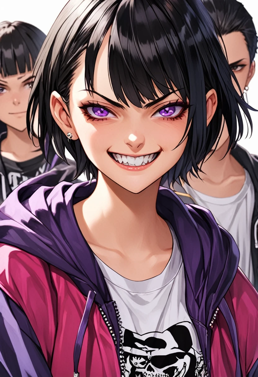ager, girl, short black hair, purple eyes, delinquent clothing, high school, sadistic smirk