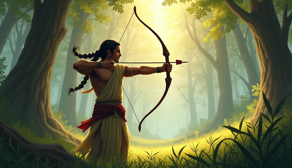 A distant view of Ekalavya shooting arrows with his left hand, struggling but persistent, in the tranquil forest
