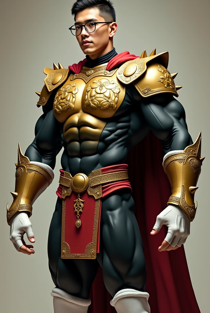 This boy has injected himself with a serum that has given him a huge growth of muscles that has turned him into a gigantic muscle monster. His legs stand out because the amount of muscle and enormous size make the boy look disproportionate since the muscles of his torso are much smaller compared to them.. He is wearing an ancient warrior style suit., First a super tight black lycra base layer that covers the entire body, Then a golden breastplate finally decorated with scenes in relief of muscular men, She also wears a golden belt that is around her small waist. Lleva tambien unas hombreras de oro y una capa color carmin, sus enormes brazos estan cubiertos por la lycra negra y unos guantes blancos con puas en los nudillos, en las piernas lleva unas medias de futbol color blanco extra largas que le llegan hasta los muslos. Sus rostro es hermoso, no lleva barba y tiene el pelo bien corto ademas de llevar unas gafas redondas