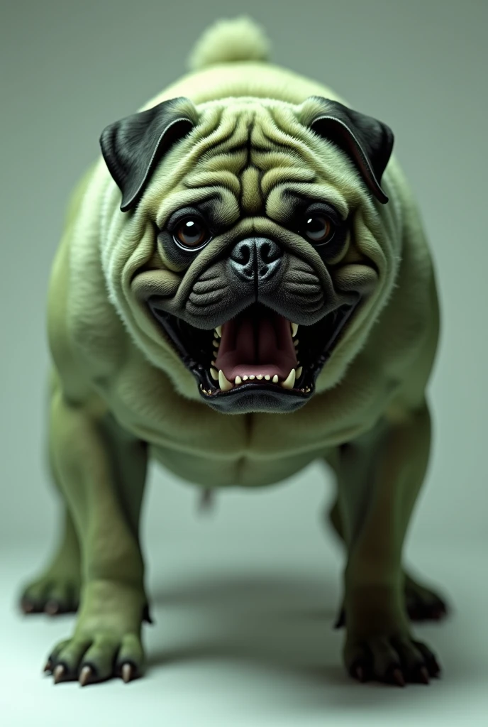 A pug mixed with an Argentine Dogo, strong and brave showing his teeth with greenish fur