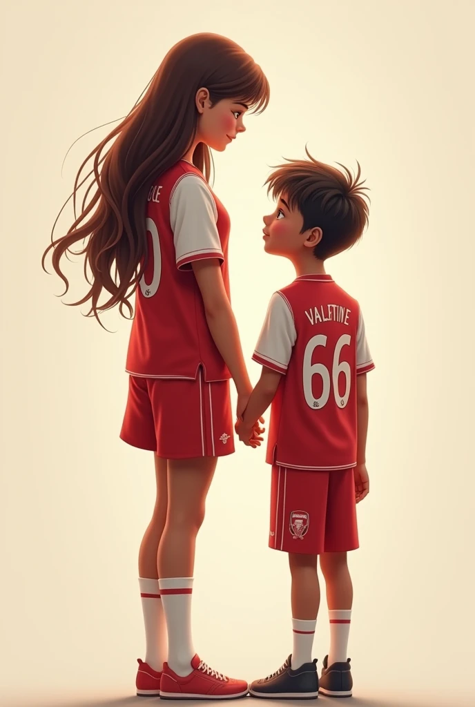 Tall girl with brown colour wearing an arsenal jersey with jersey number 10 and jersey name FELICE holding hands together with dark  skinned short 18 year old boy wearing Liverpool jersey with Liverpool badge with jersey number 66 and jersey name VALENTINE looking at each other with love.
Girl should be taller than boy.
Back positions should be shown.