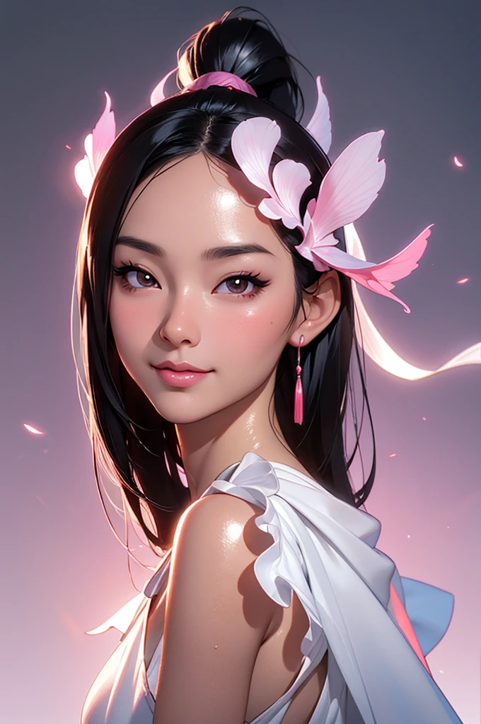 caricature with big head of a beautiful asian woman, shoulderlength black hair, wearing a shoulder off white dress, slightly smile, detailed facial face, realistic facial face, shiny skin, ultra oily skin, glossy image, dark pink gradient background, fantasy art, 3d render, caricature big head