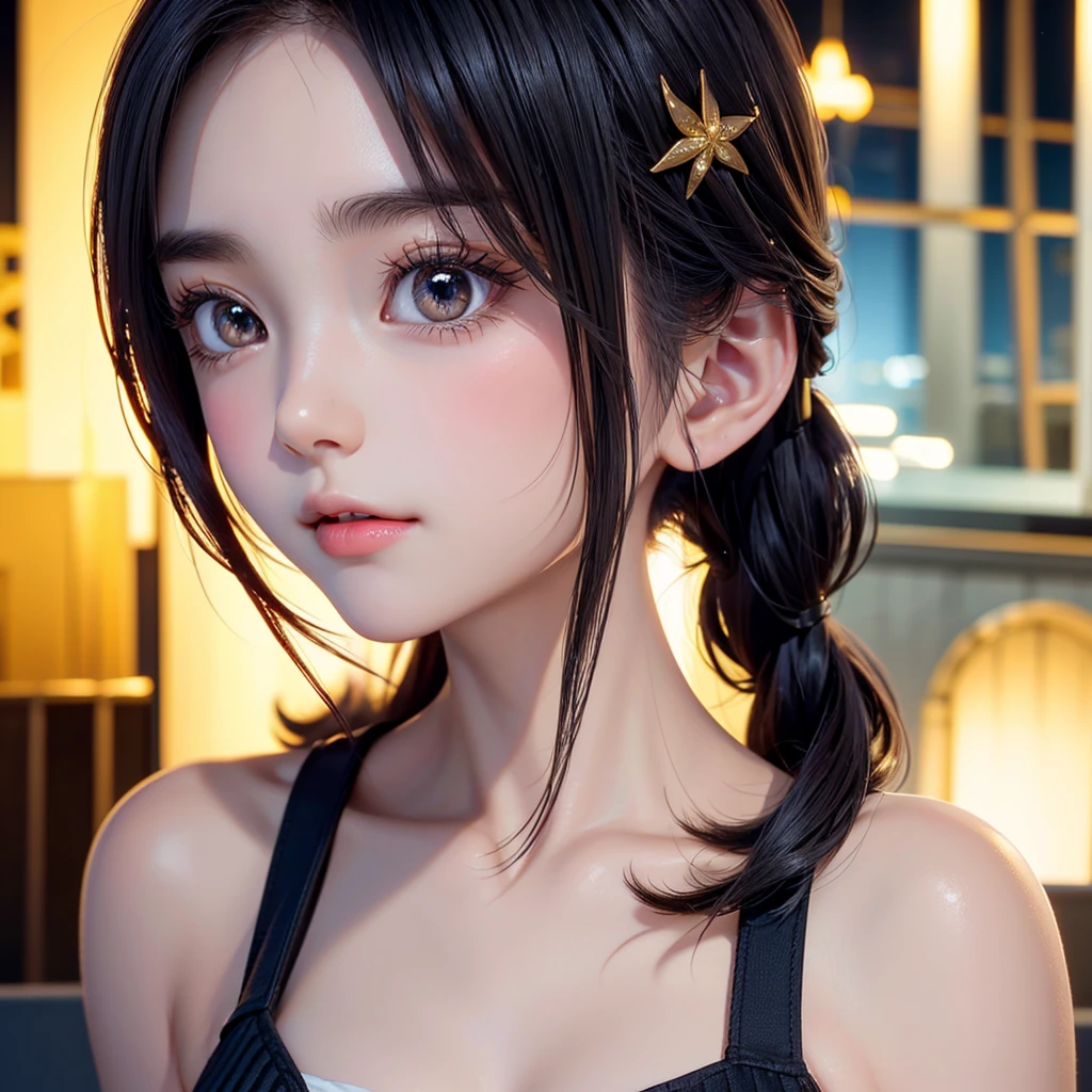 One Girl，(1人のとてもcute:1.3)，masterpiece，Highest quality，High resolution，Symmetrical，Straight，Photorealistic，RAW Photos，Ray Tracing，Physically Based Rendering，beautiful girl，(:1.3)，cute，Big eyes，(detailed pupils:1.2)，(The face is facing straight ahead:1.3)，Body facing forward，Beautiful nose，High nose，Upturned nose，Fuller lips，Short black hair，ponytail，short hair，Detailed eyelashes，Thin eyebrows，Very fine grain definition，(Symmetrical eyes，Golden Ratio:1.3)，(Face close-up，Face Focus:1.0)，Small breasts，Slim figure，Short neck，White swimsuit，White Bikini，Ocean，Southern Island，Blue sky，White cloud，Portrait，View Viewer，Upper Body，Cinema Lighting，High resolution，Very detailed