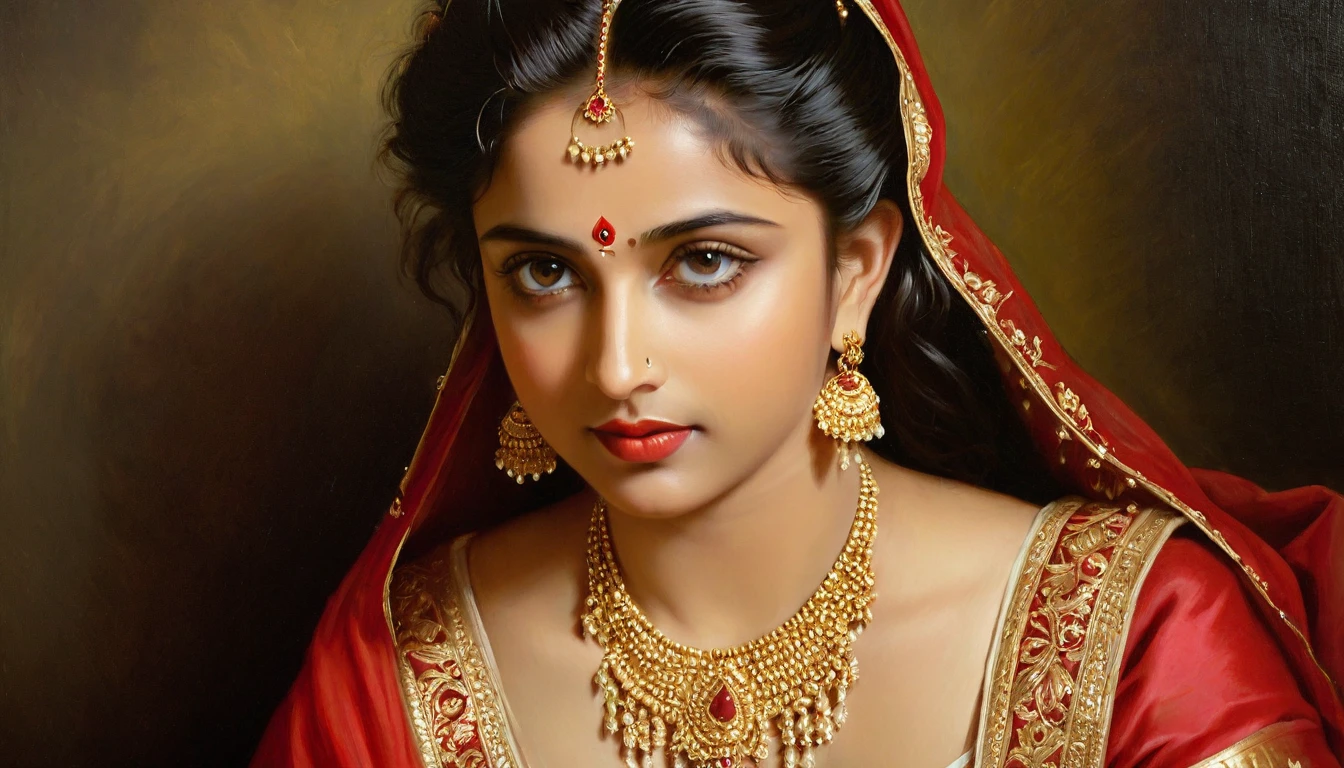 Beautiful Indian Woman Vidya Pradeep, wearing red saree, sari Beauty, gorgeous, Apsara, Maharani, royal queen woman, nymph from Hindu Mythology, Urvashi, matchless beauty, Highly detailed, Oil Painting by Peter Paul Rubens inspired by Raja Ravi Varma, Matchless beauty, captivating, gorgeous, heavenly beauty, celestial beauty, by Peter Paul Rubens, 13, realistic, hyper realistic, micro details, incredible artwork, insane details, ultra High resolution, 8k, 32k, acrylic on canvas, intricate, flawless, detailed, detailed face, detailed eyes, masterpiece, by Peter Paul Rubens, by Caravaggio, by William Adolphe Bouguereau, perfect face, perfect body, beautiful art, realism, baroque, renaissance Art, highly textured, beautiful and detailed eyes, uhd, best quality,