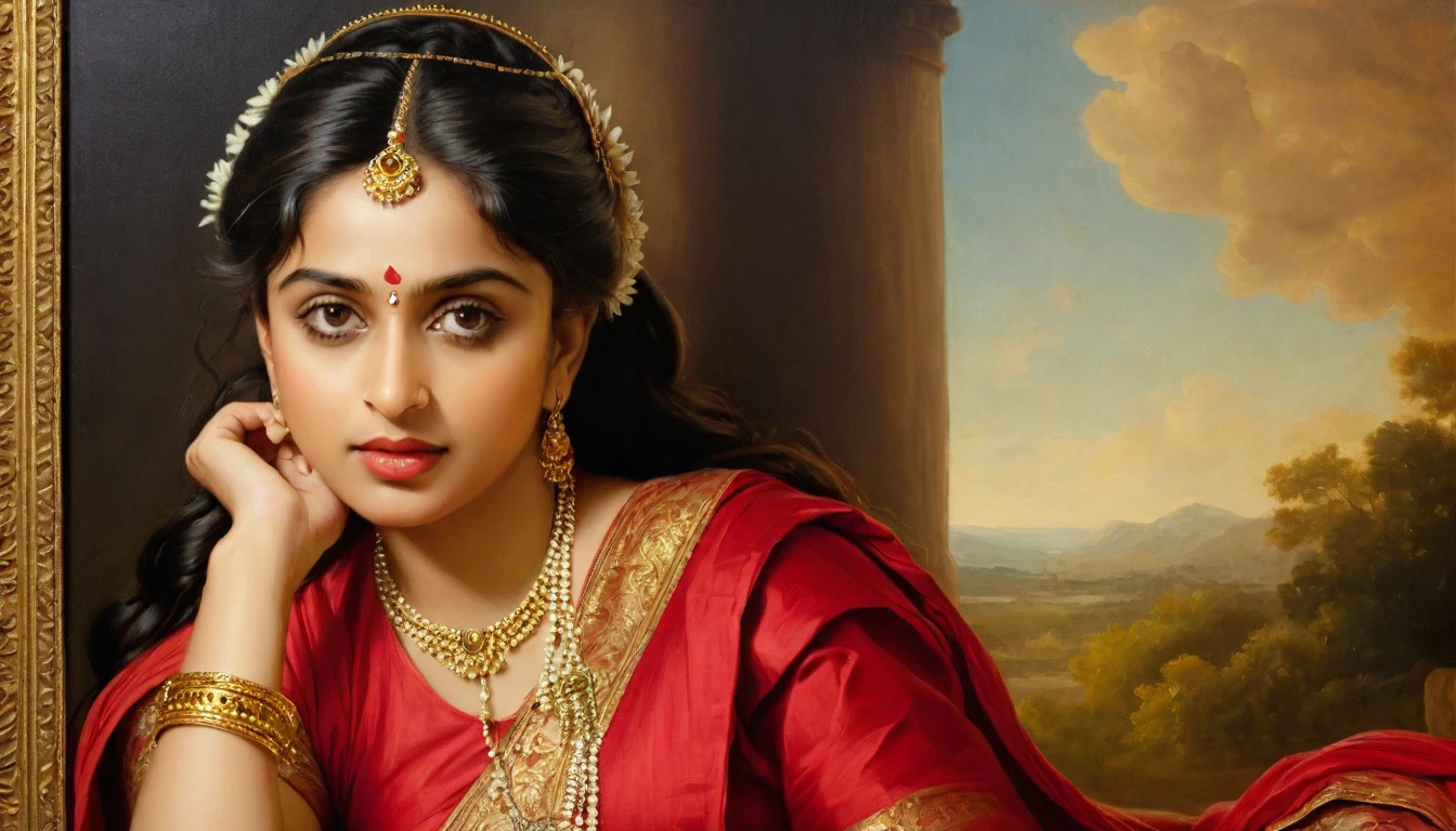 Beautiful Indian Woman Vidya Pradeep, wearing red saree, sari Beauty, gorgeous, Apsara, Maharani, royal queen woman, nymph from Hindu Mythology, Urvashi, matchless beauty, Highly detailed, Oil Painting by Peter Paul Rubens inspired by Raja Ravi Varma, Matchless beauty, captivating, gorgeous, heavenly beauty, celestial beauty, by Peter Paul Rubens, , realistic, hyper realistic, micro details, incredible artwork, insane details, ultra High resolution, 8k, 32k, acrylic on canvas, intricate, flawless, detailed, detailed face, detailed eyes, masterpiece, by Peter Paul Rubens, by Caravaggio, by William Adolphe Bouguereau, perfect face, perfect body, beautiful art, realism, baroque, renaissance Art, highly textured, beautiful and detailed eyes, uhd, best quality,