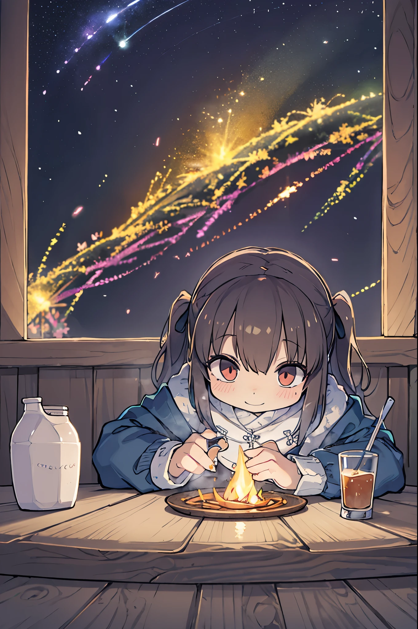 Tabletop, Highest quality, 1 person, alone, effect, Dark Background, With a happy face,Little、camp、Before the bonfire、Under the stars