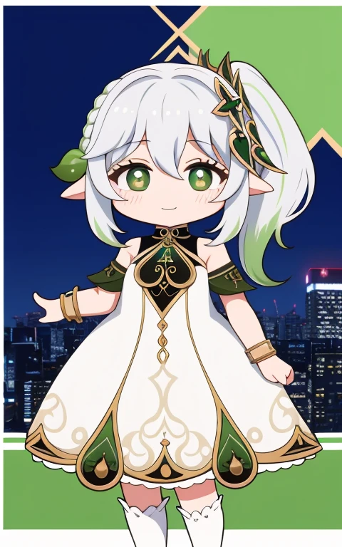 fullcg,Best quality,highest quality, 8k,Soft lighting, Confused, Looking at the audience, alone, smile, Knee socks,Nahida Genshin Impact | Character Lora 1283,((low length:1.5)),((chibi:1.5)),((little child girl)),1girl,difficult,Cute official outfit,cowboy shot,Beautiful cityscape,
