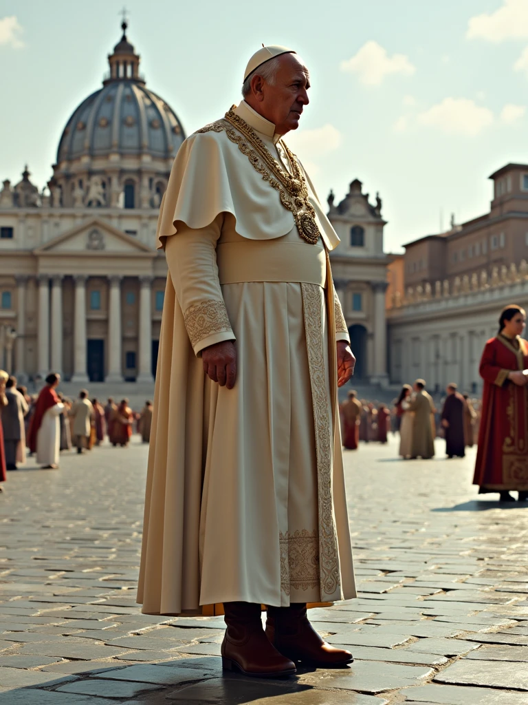 Scene set in St. Peter's Square in the Vatican. The focal point of this image is the brown gaucho laceless knee-high boots the Pope is wearing, the boots match the heavily ornamented white outfit with the papal insignia. The background is St. Peter's Square in the Vatican. The scene captures the moment of religious significance and the historical and artistic richness of St. Peter's Square, 16k, ultrarealistic, ultra high resolution, photorealistic, Ultra HD