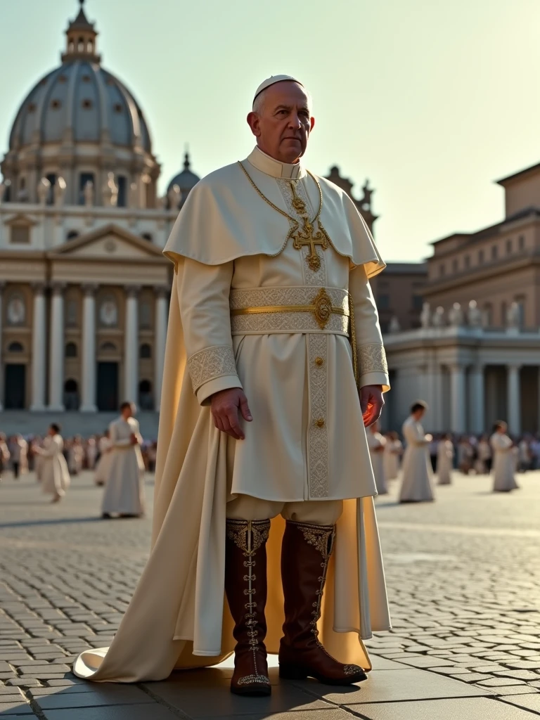 Scene set in St. Peter's Square in the Vatican. The focal point of this image is the brown gaucho laceless knee-high boots the Pope is wearing, the boots match the heavily ornamented white outfit with the papal insignia. The background is St. Peter's Square in the Vatican. The scene captures the moment of religious significance and the historical and artistic richness of St. Peter's Square, 16k, ultrarealistic, ultra high resolution, photorealistic, Ultra HD